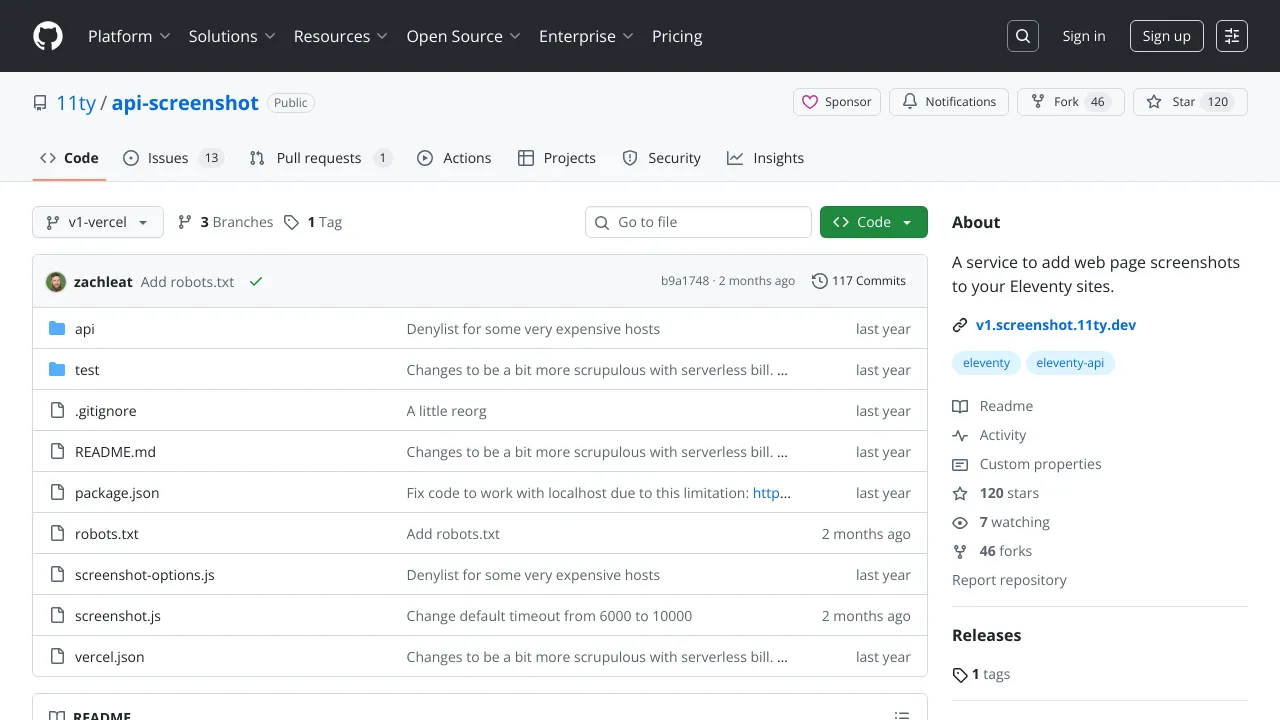 Screenshot of 11ty API Screenshot website