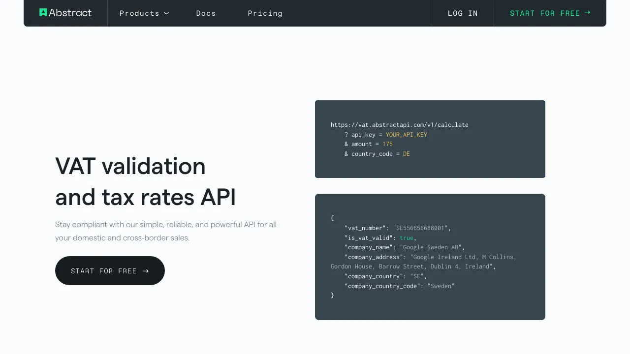 Screenshot of Abstract VAT Validation website