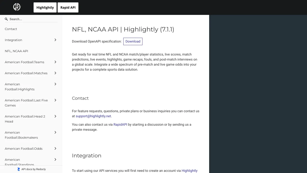 Screenshot of American Football Highlights API website