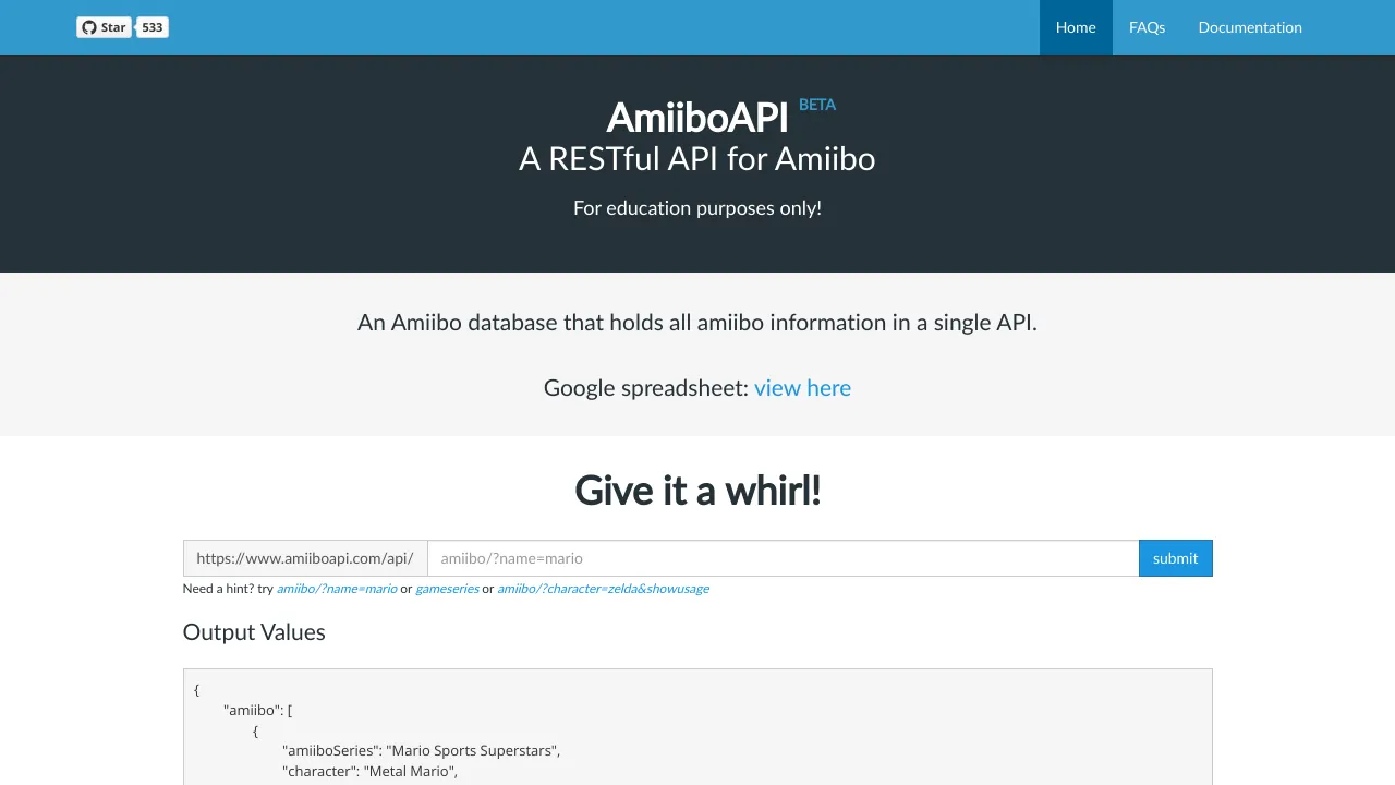Screenshot of AmiiboAPI website