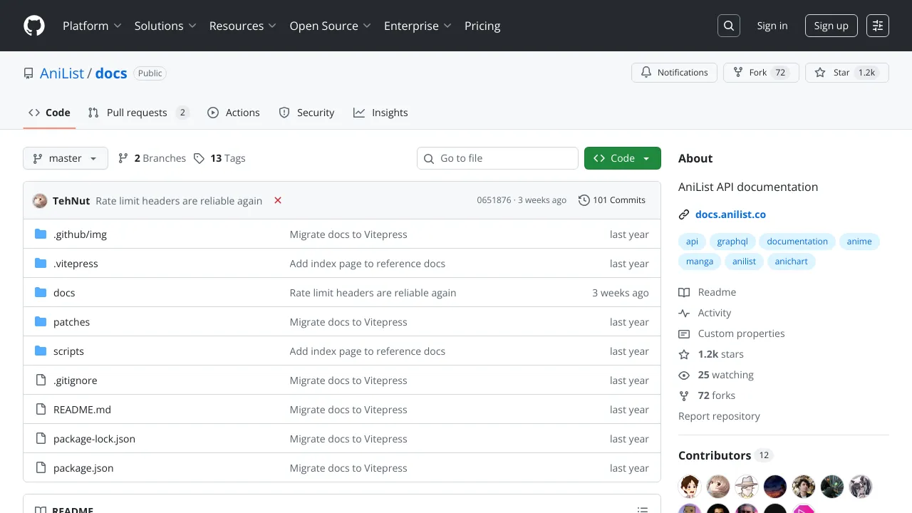 Screenshot of AniList website