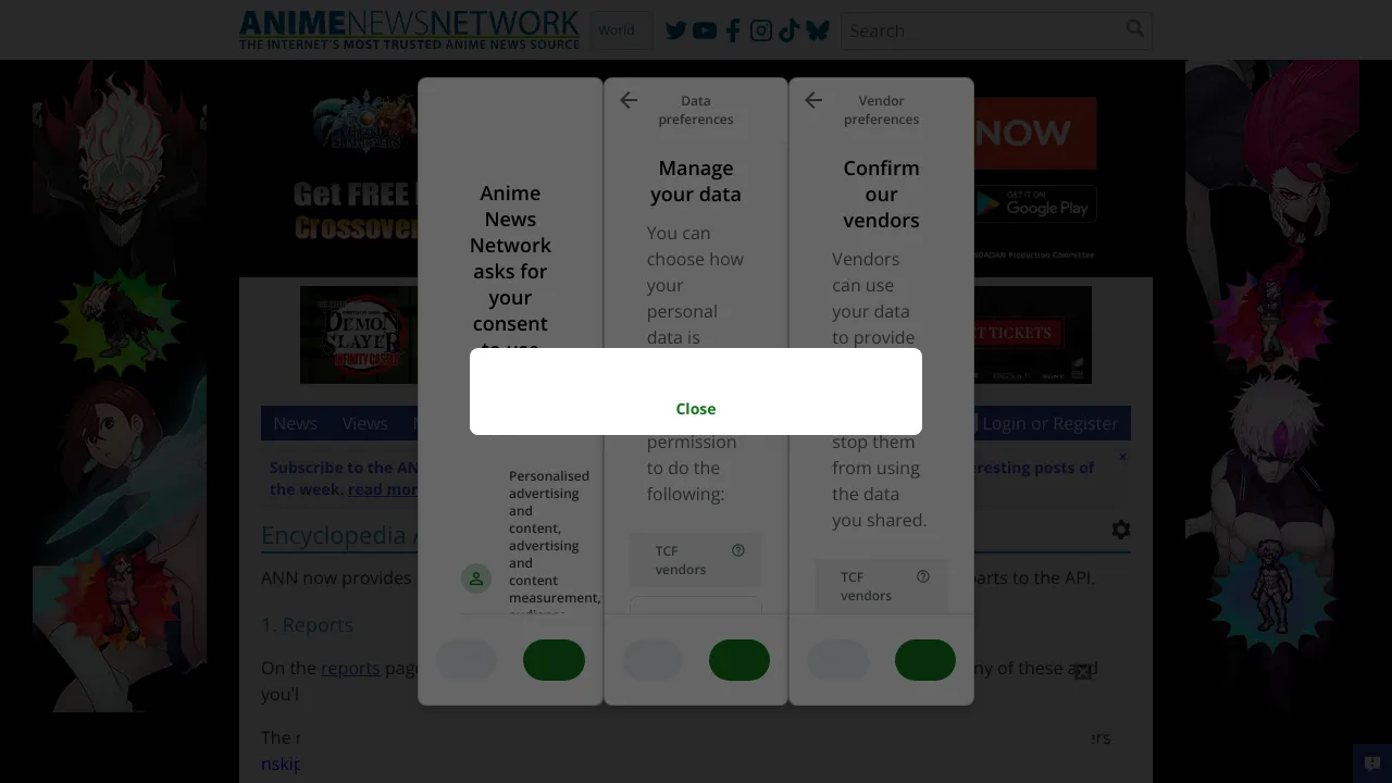 Screenshot of Anime News Network website