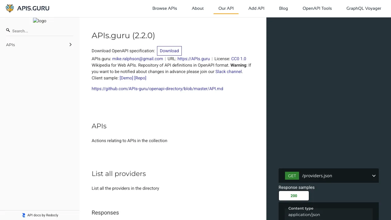 Screenshot of APIs.guru website
