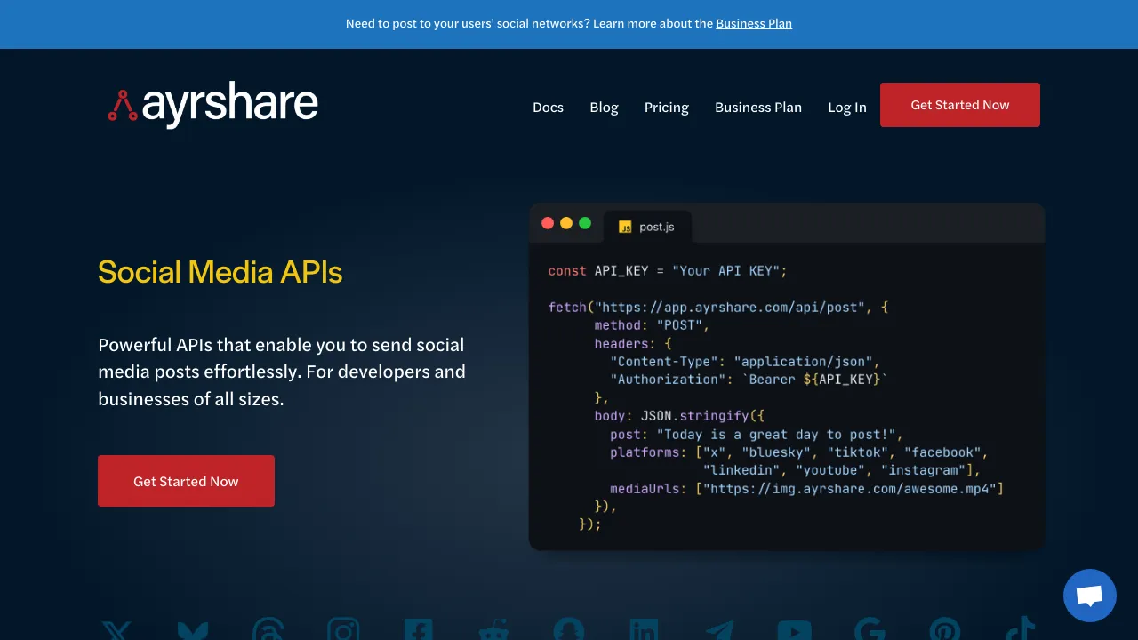 Screenshot of Ayrshare website