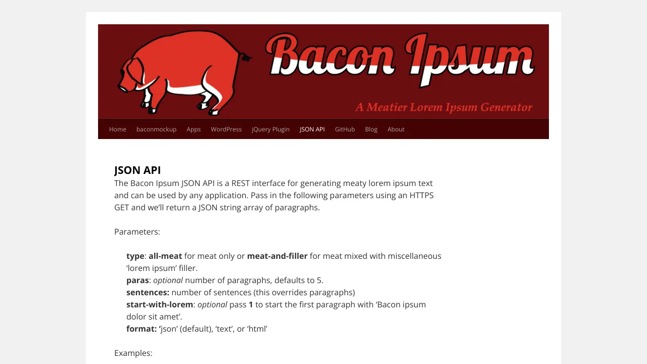 Screenshot of Bacon Ipsum website