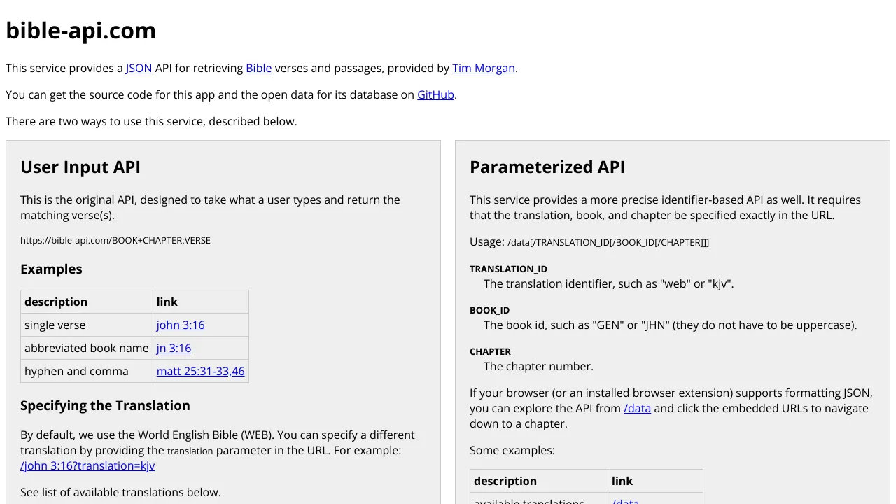 Screenshot of Bible API website