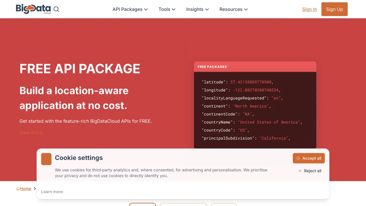 Screenshot of BigDataCloud Free API website