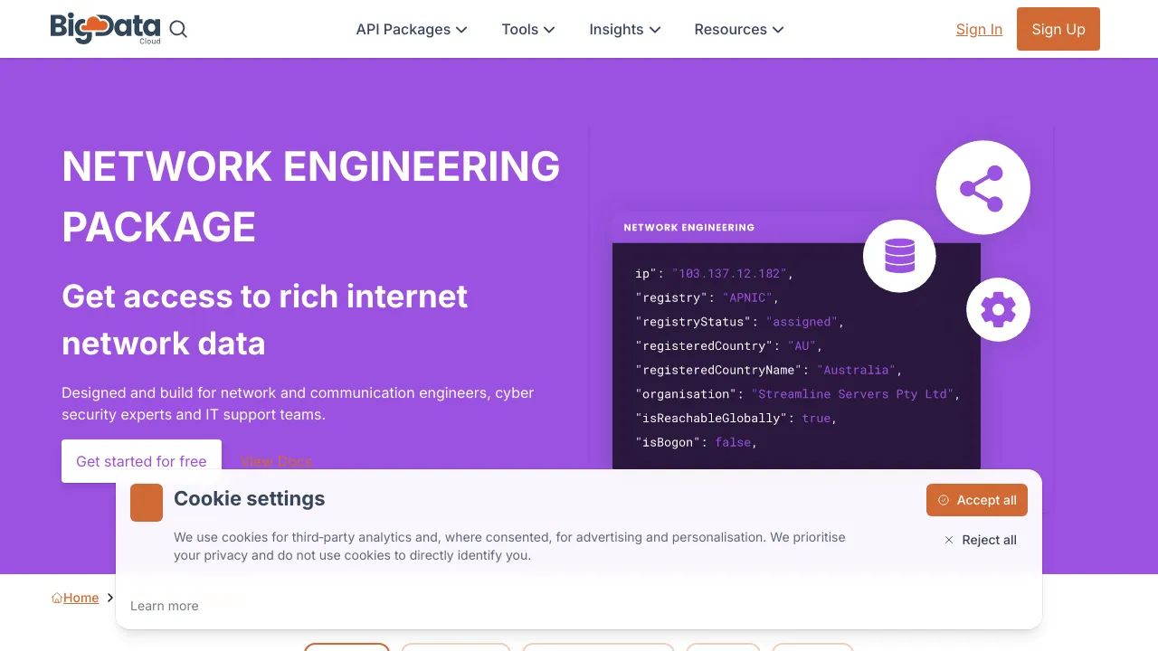 Screenshot of BigDataCloud Network Engineering website