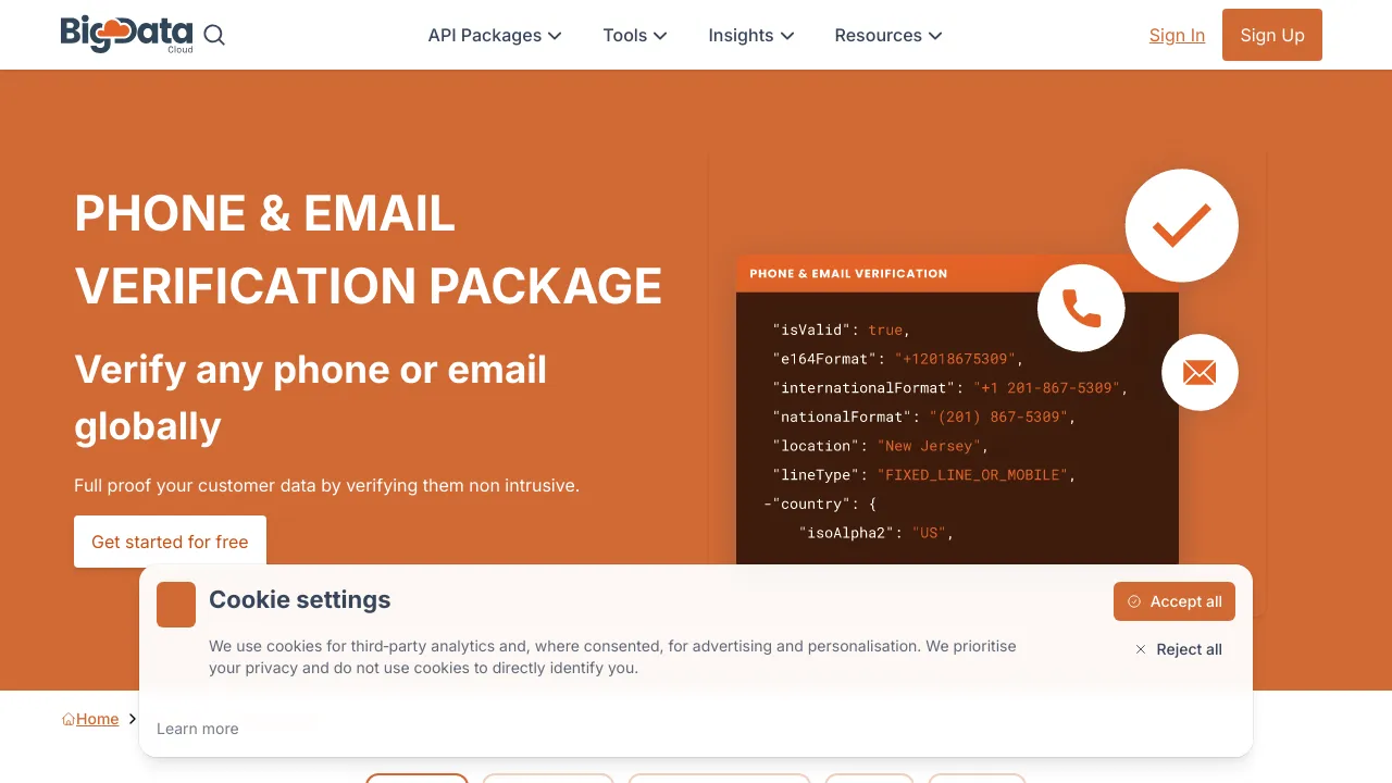 Screenshot of BigDataCloud Phone Email Verification website