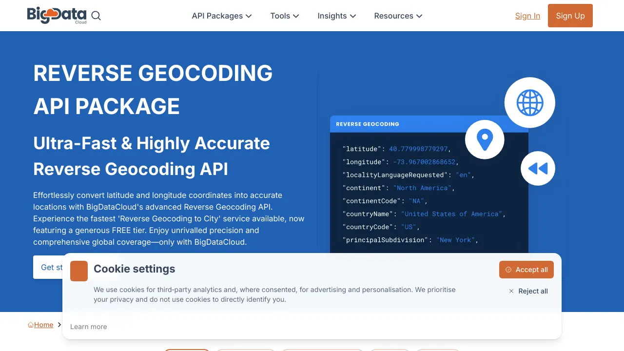 Screenshot of BigDataCloud Reverse Geocoding website