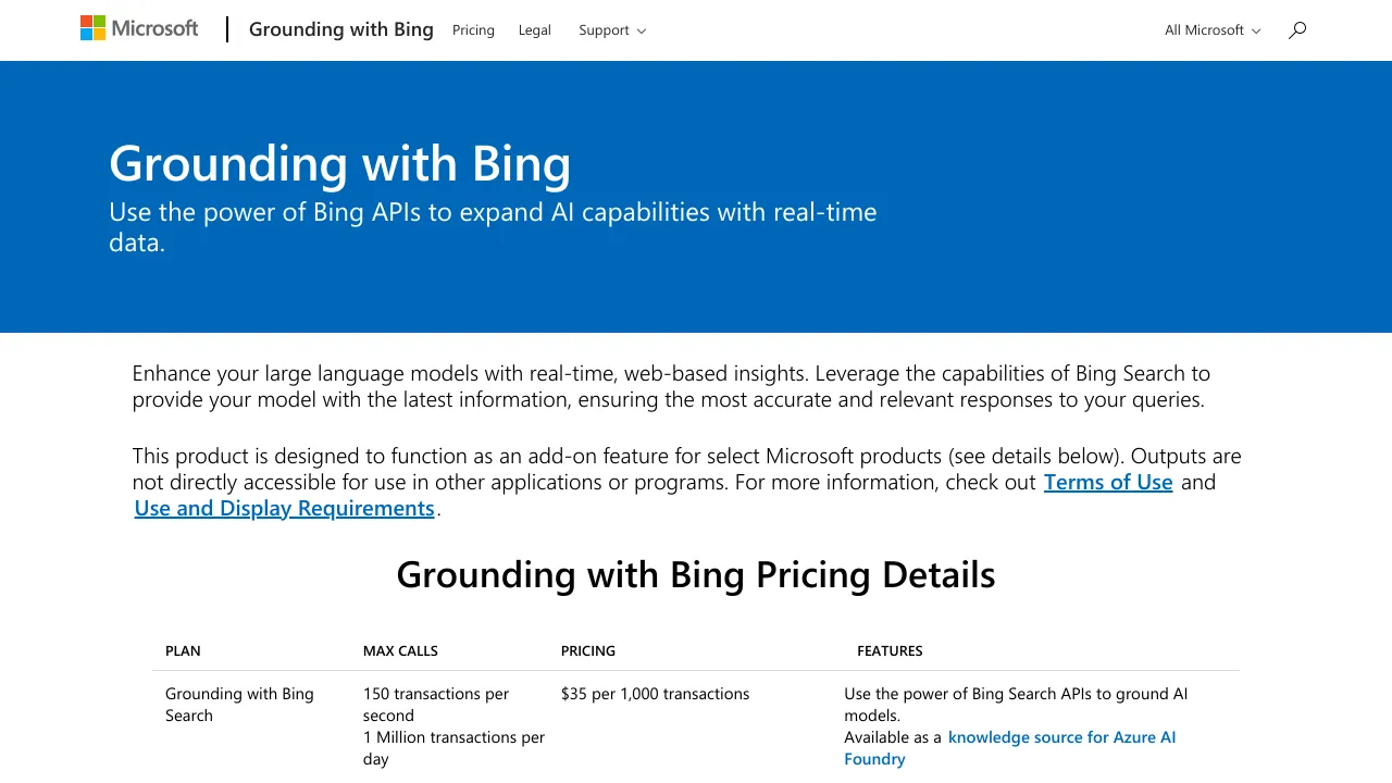 Screenshot of Bing Search API website
