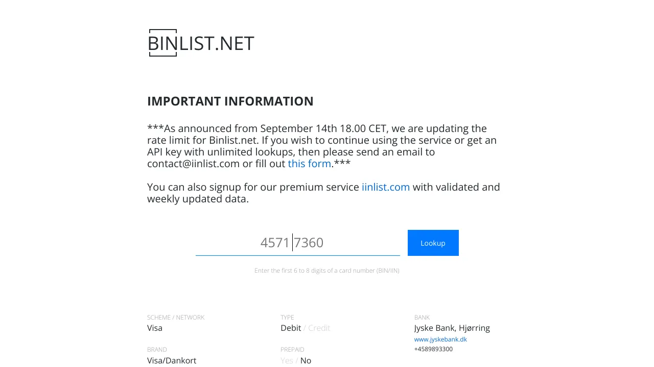 Screenshot of Binlist website