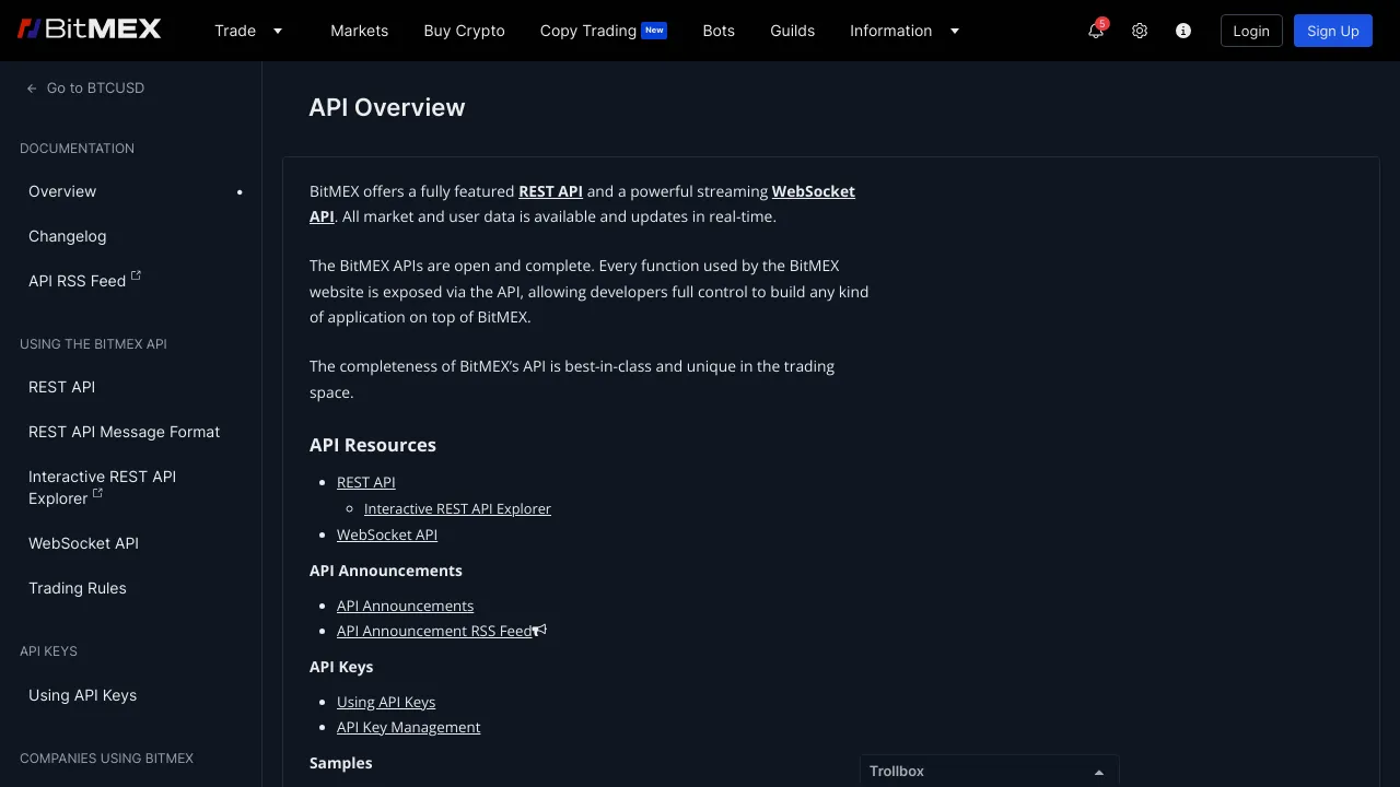 Screenshot of Bitmex website