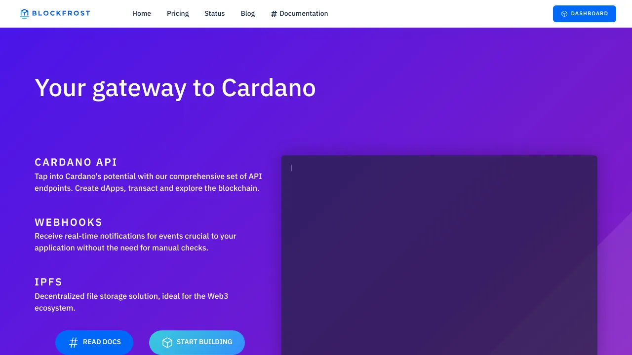 Screenshot of Blockfrost Cardano website