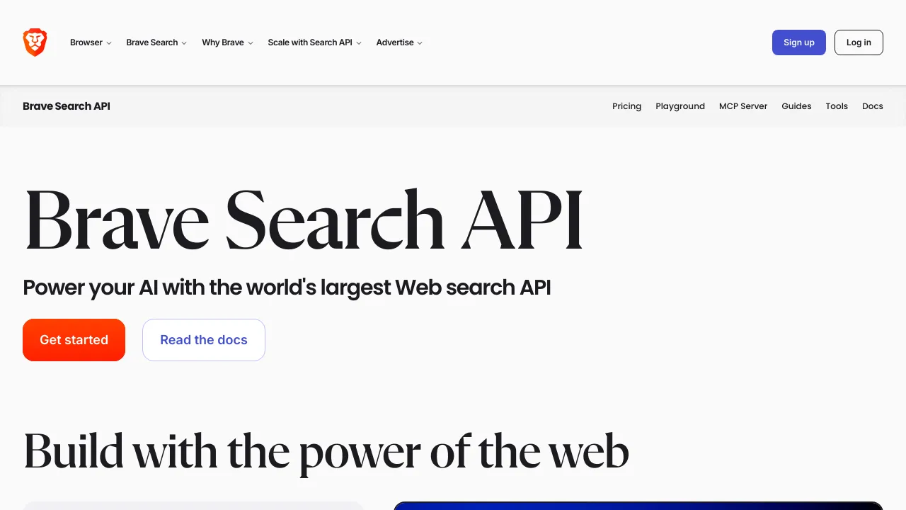Screenshot of Brave Search API website