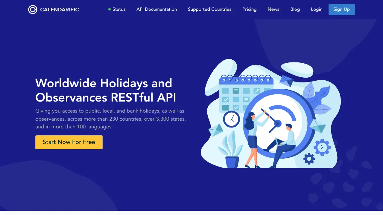 Screenshot of Calendarific website