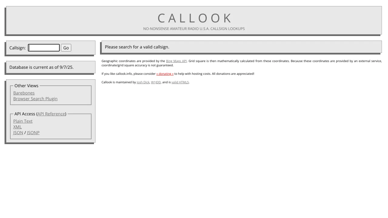 Screenshot of Callook.info website