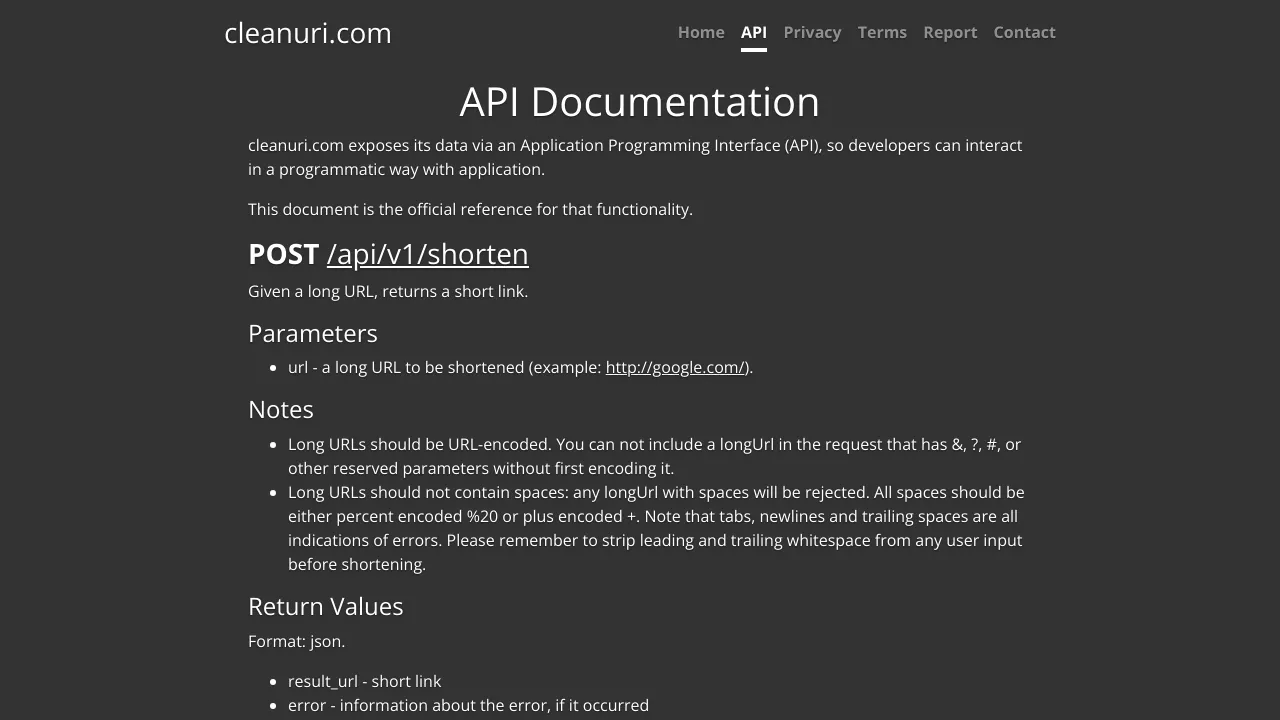 Screenshot of CleanURI website