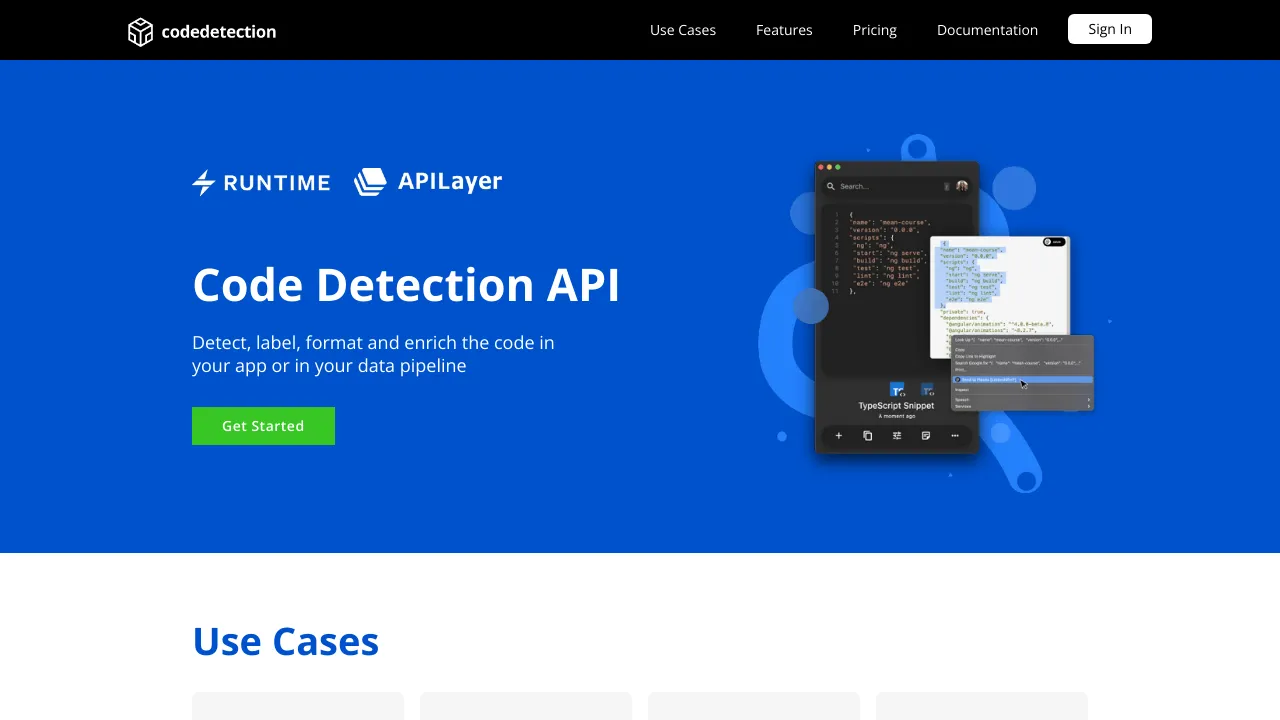 Screenshot of Code Detection API website