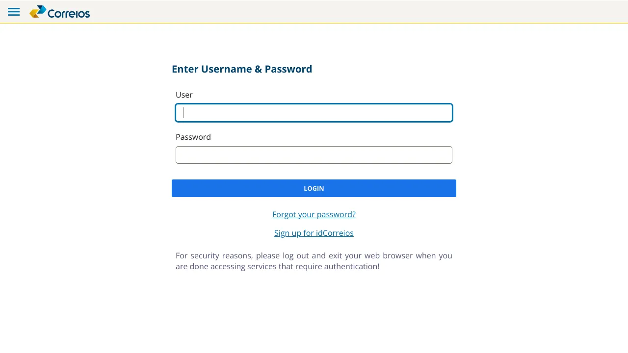 Screenshot of Correios website
