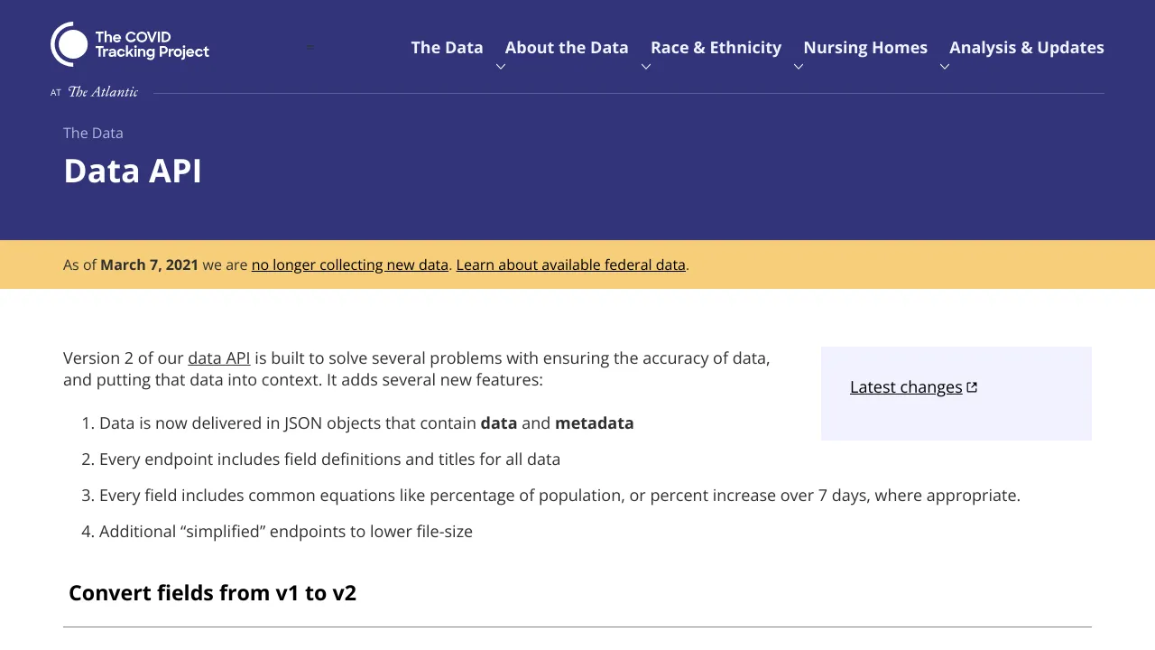 Screenshot of Covid Tracking Project website