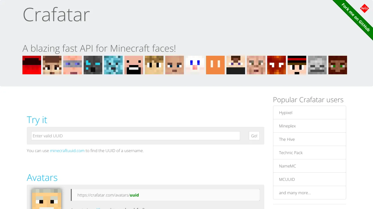 Screenshot of Crafatar website