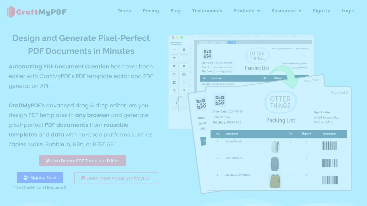 Screenshot of CraftMyPDF website