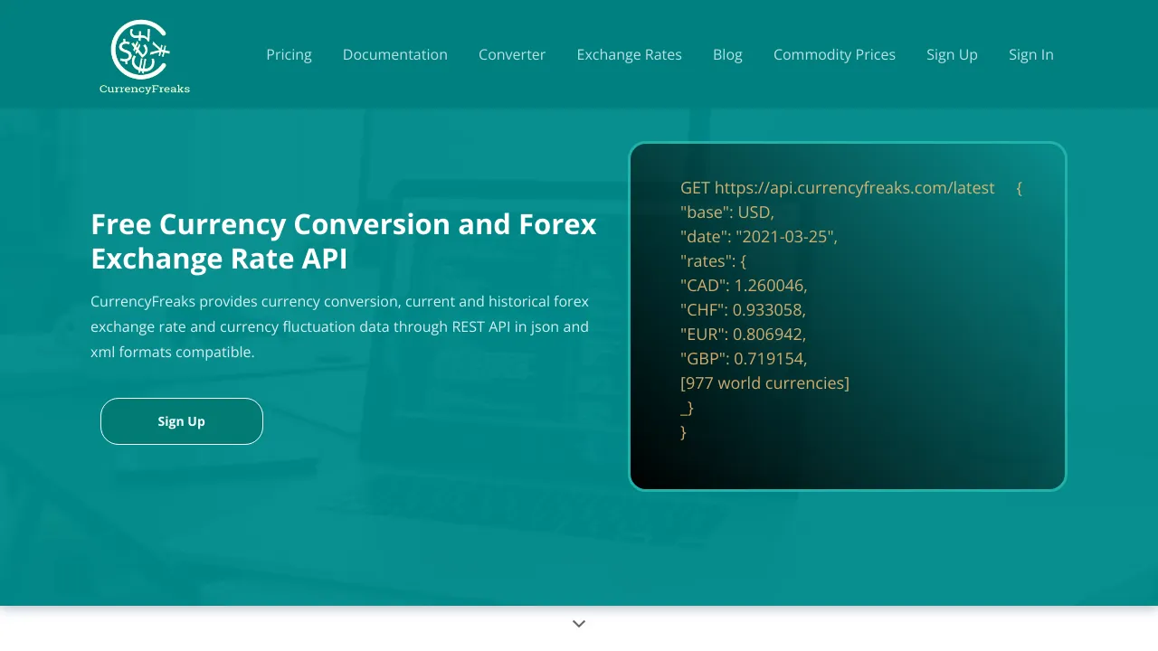 Screenshot of CurrencyFreaks website