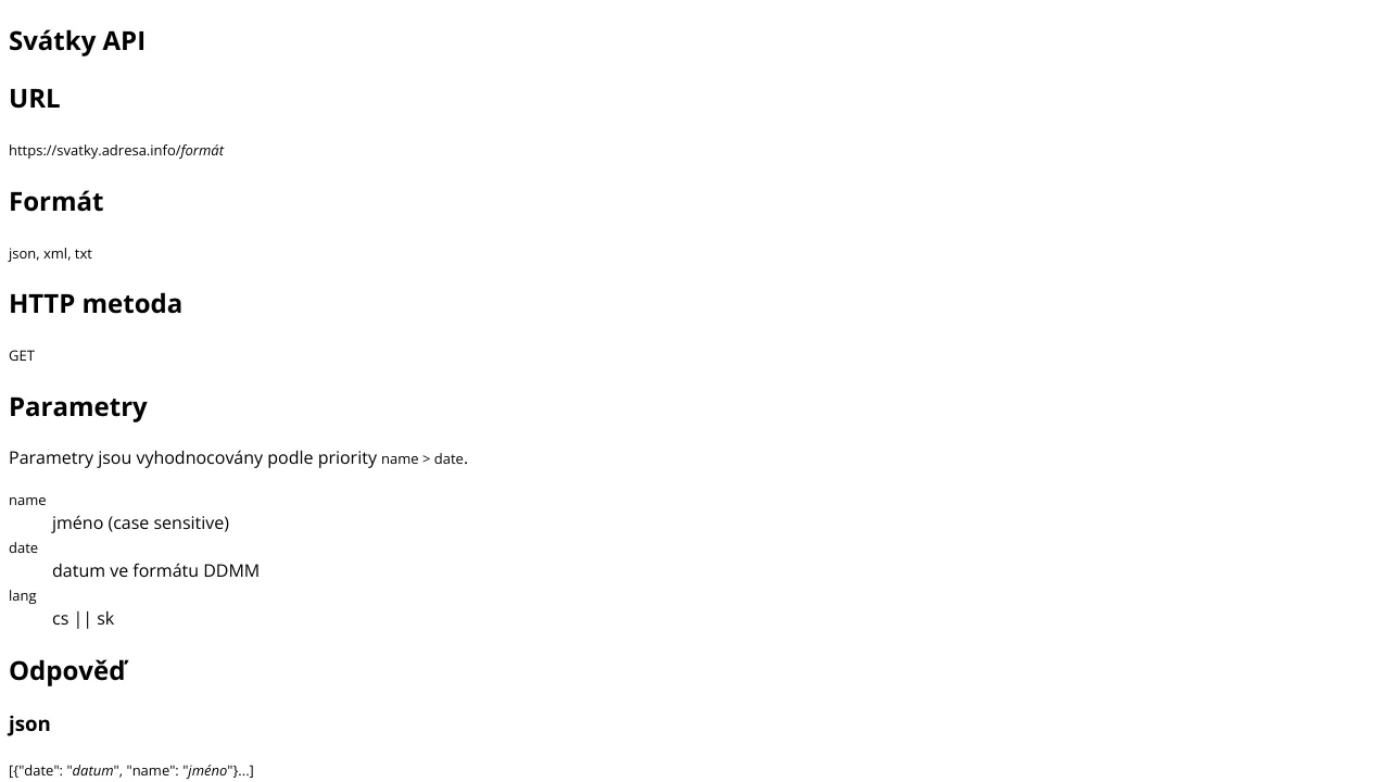 Screenshot of Czech Namedays Calendar website