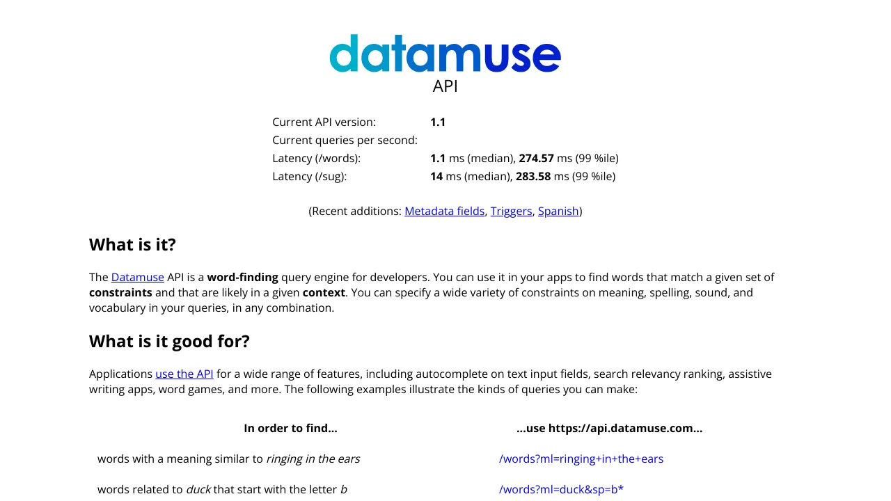 Screenshot of Datamuse website