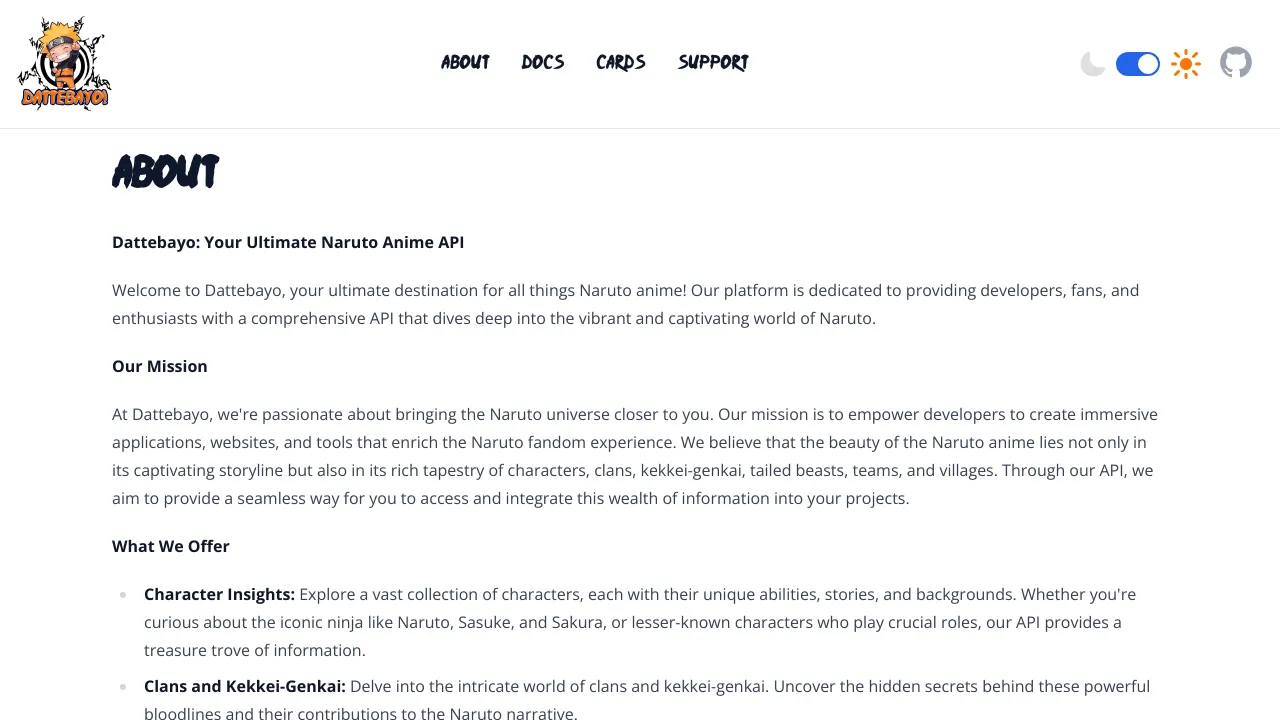 Screenshot of Dattebayo API website