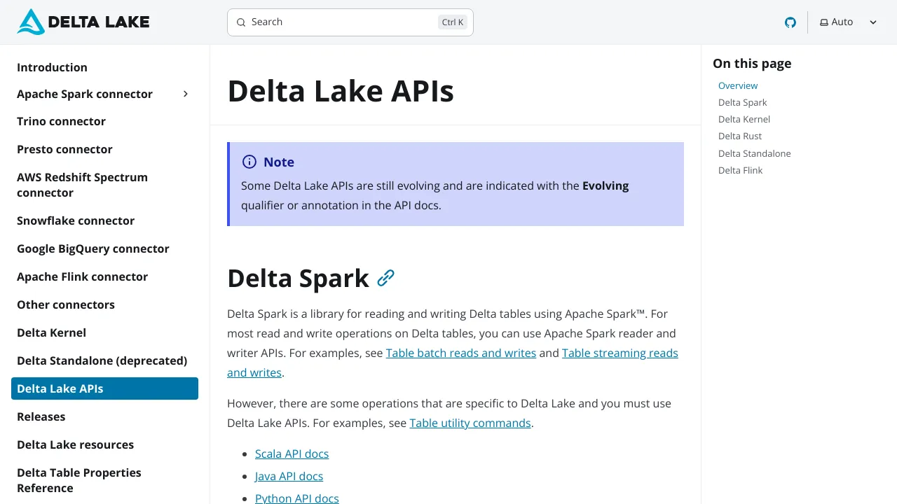 Screenshot of Delta Lake website