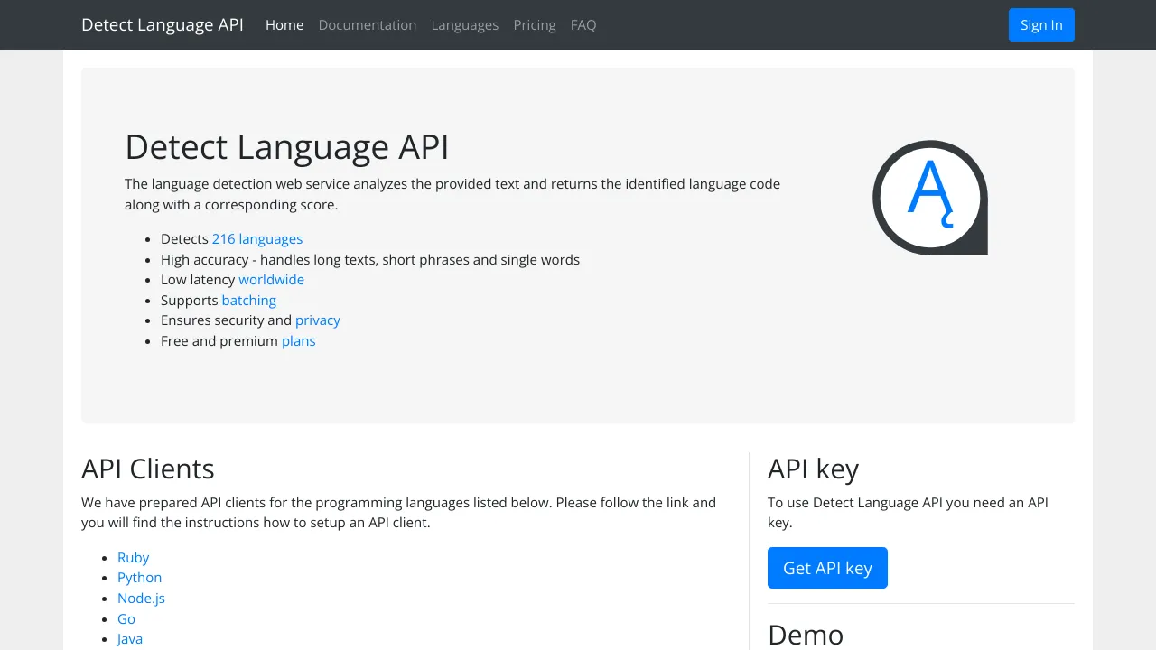 Screenshot of Detect Language website