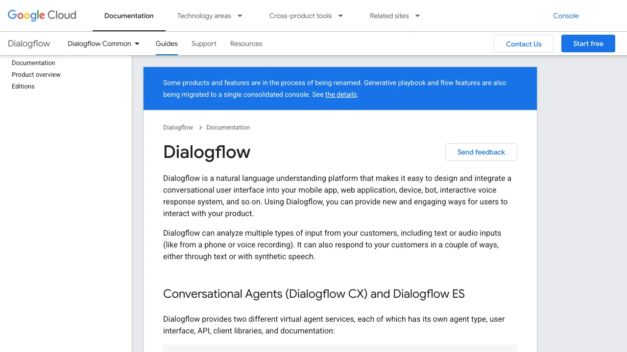 Screenshot of Dialogflow website