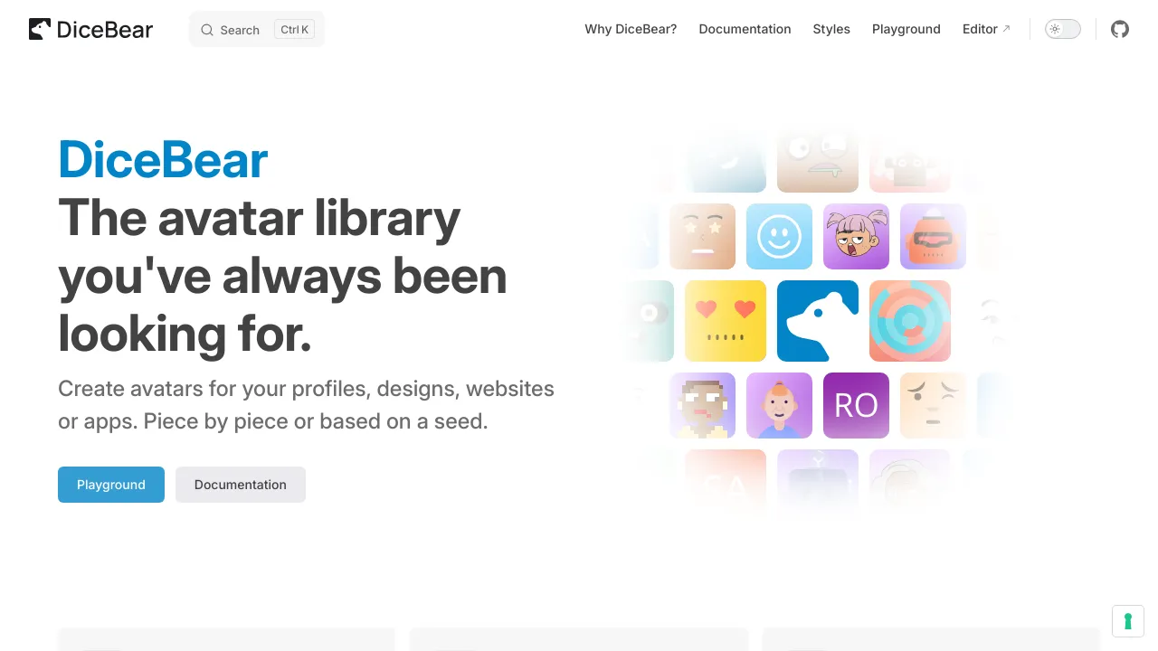 Screenshot of Dicebear Avatars website