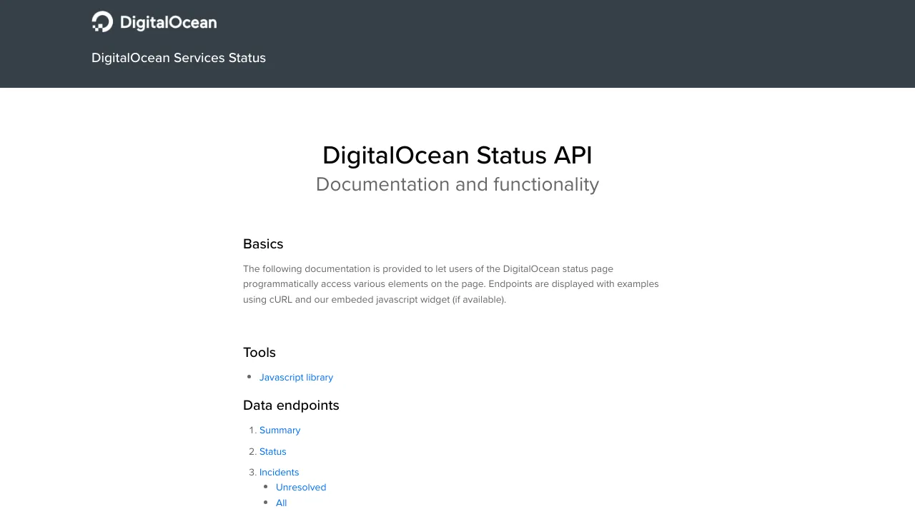 Screenshot of DigitalOcean Status website