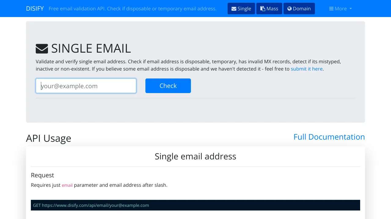 Screenshot of Disify website