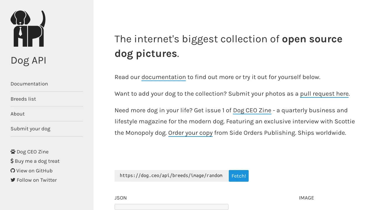 Screenshot of Dog API website