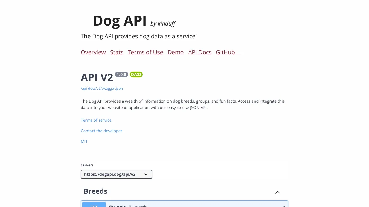 Screenshot of Dogs API website