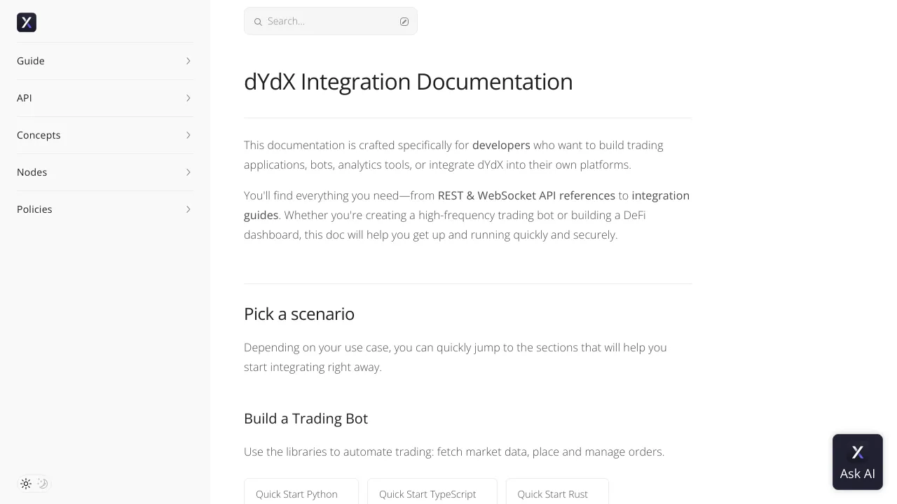 Screenshot of dYdX website