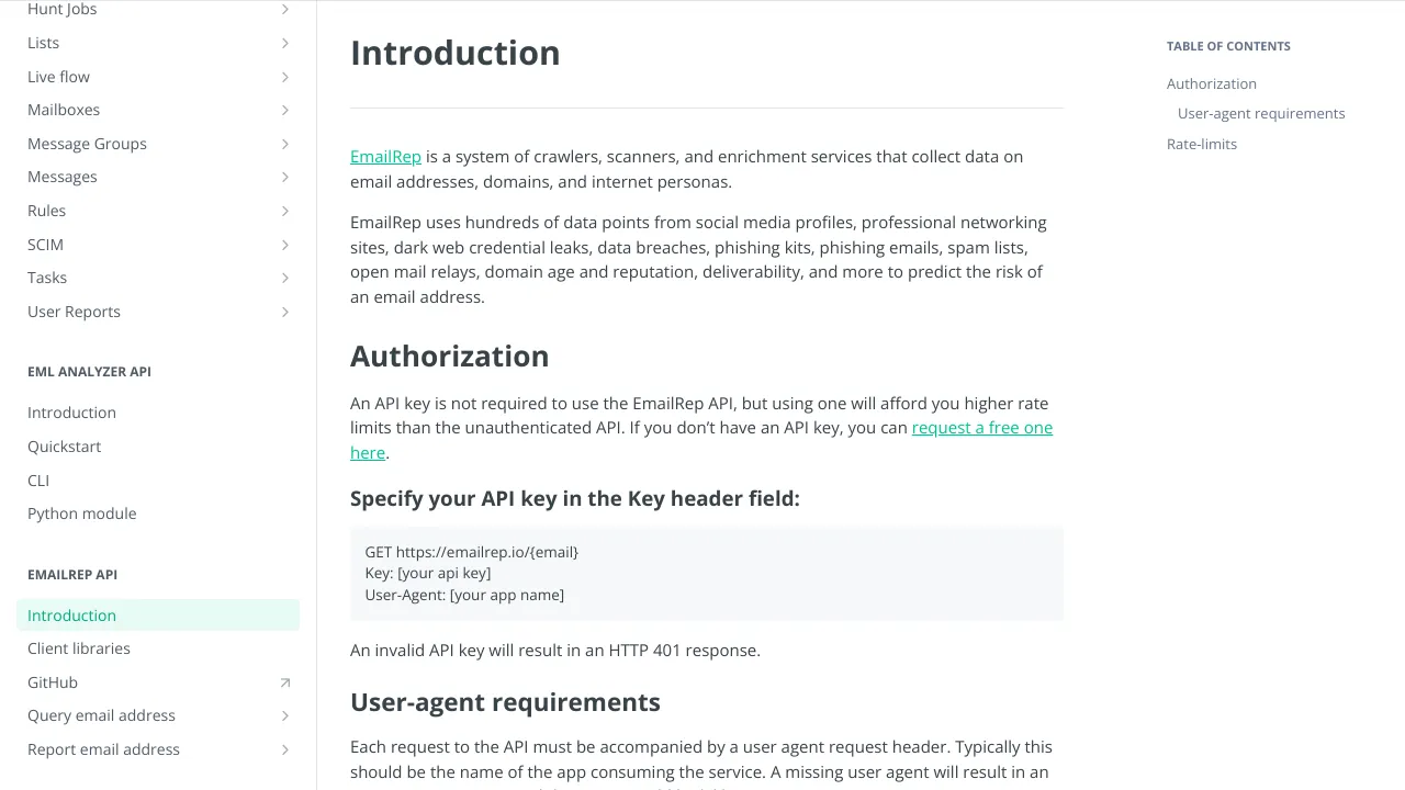 Screenshot of EmailRep website