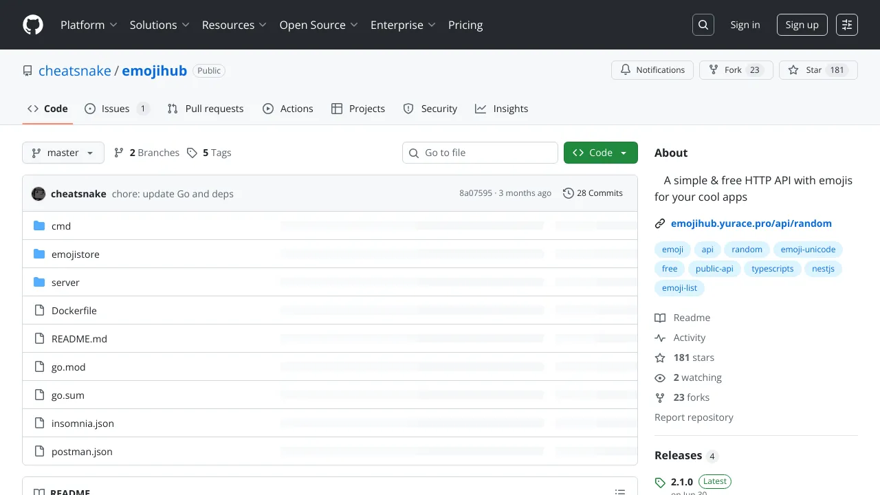 Screenshot of EmojiHub website