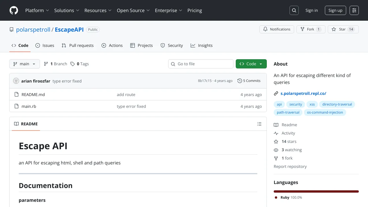 Screenshot of Escape API website