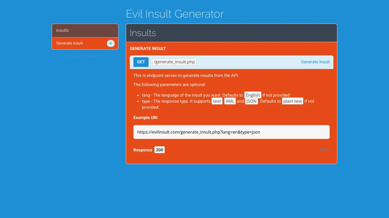 Screenshot of Evil Insult Generator website