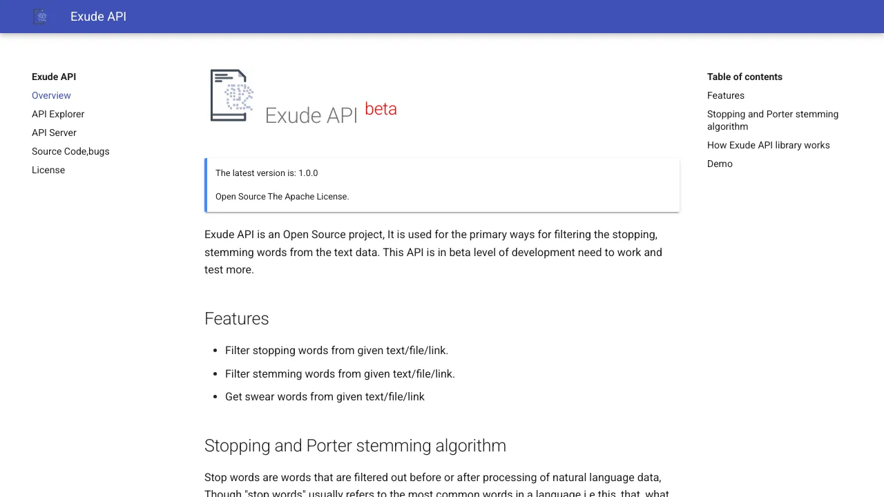 Screenshot of EXUDE-API website
