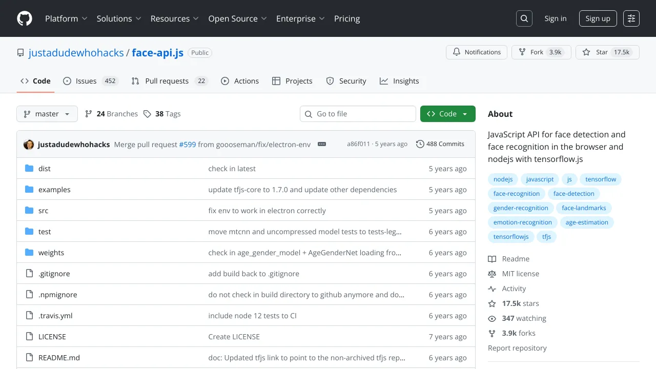 Screenshot of Face-api.js website