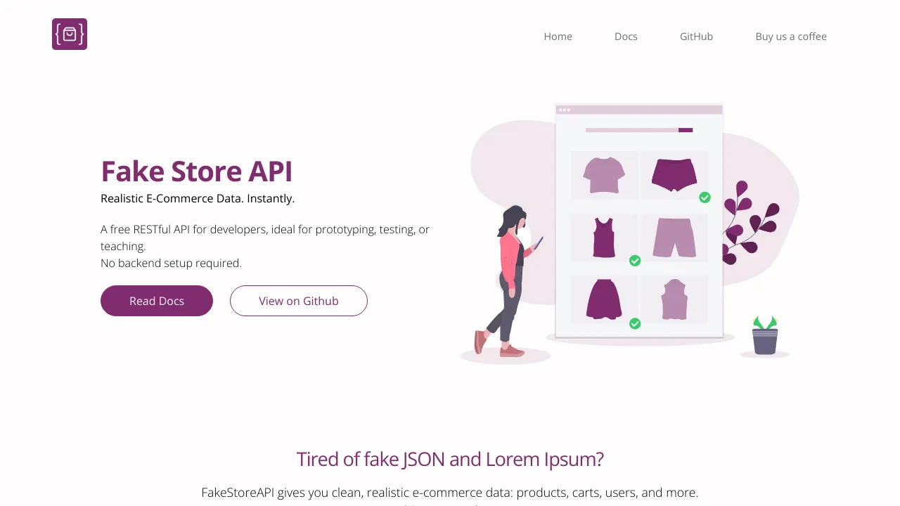 Screenshot of Fake Store API website