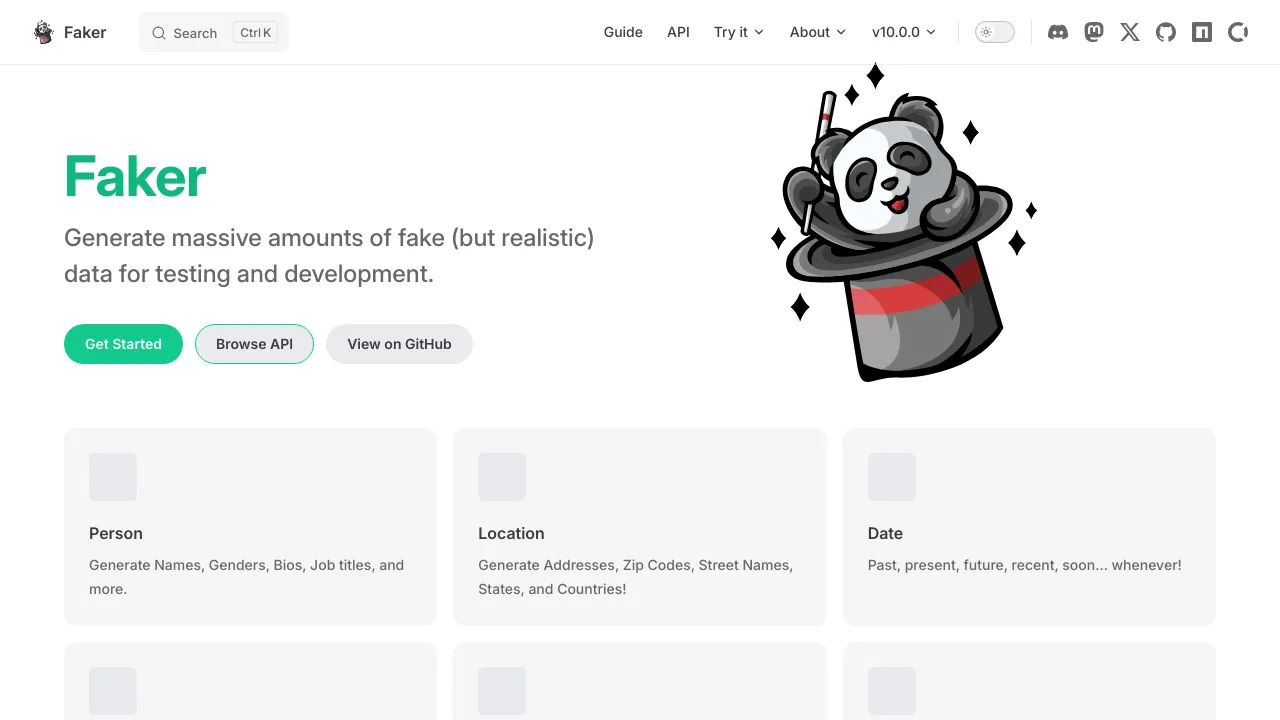 Screenshot of Faker.js website