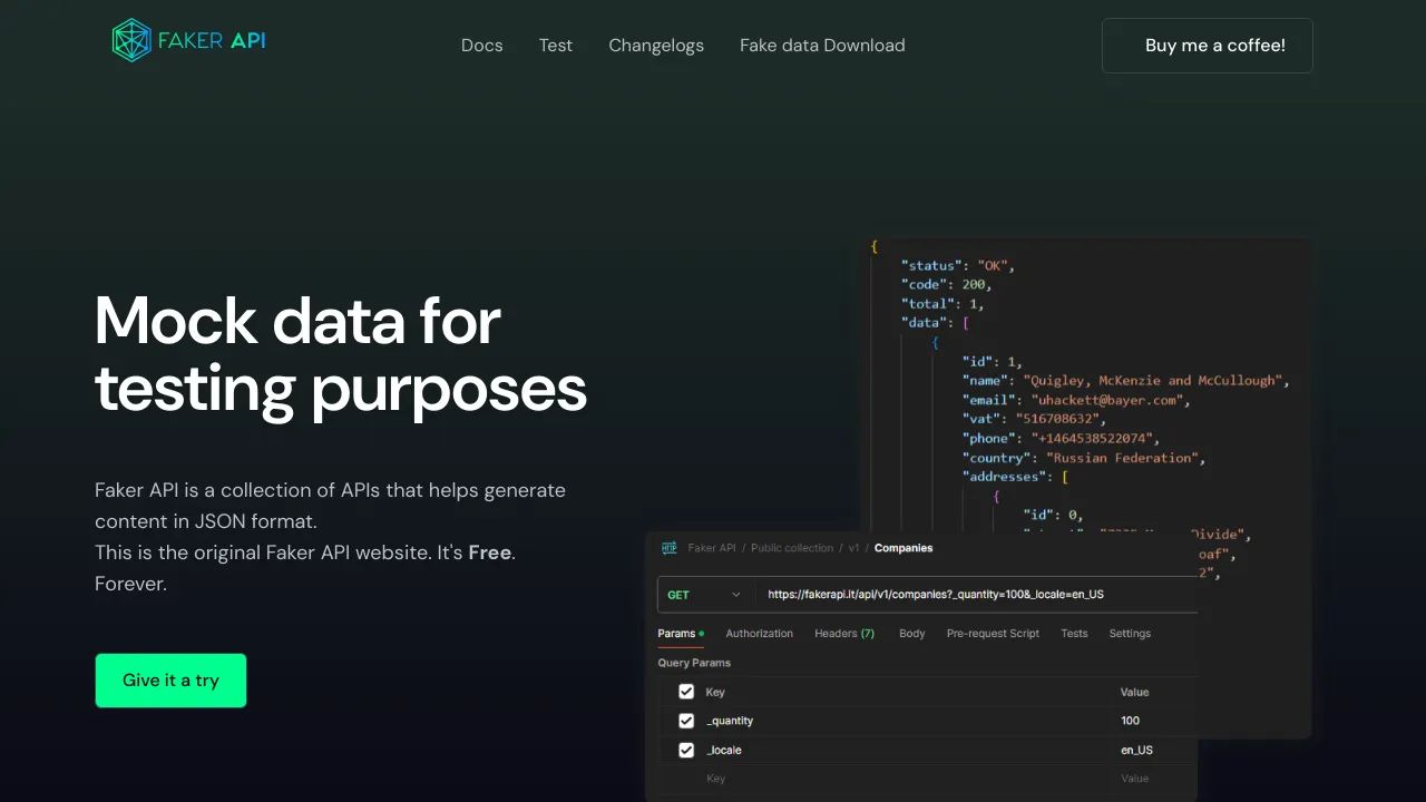 Screenshot of FakerAPI website