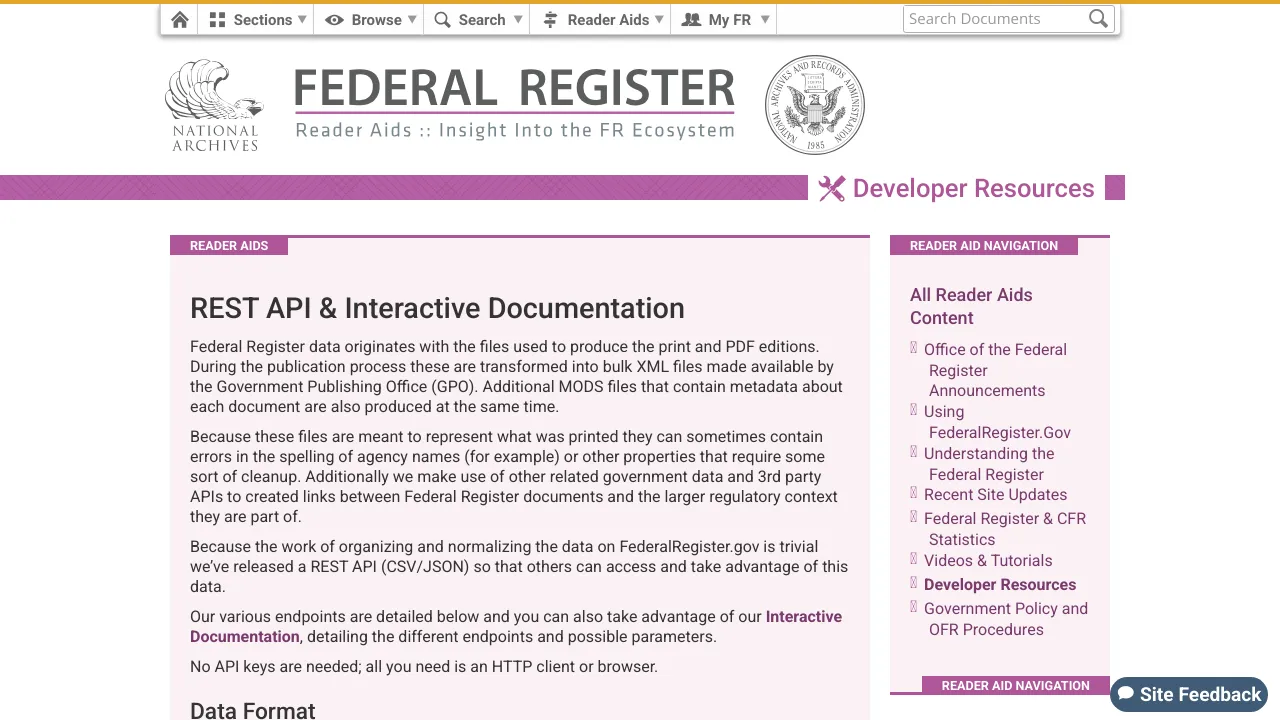 Screenshot of Federal Register website